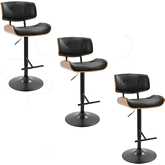 Lombardi Adjustable Swivel Bar Stool in Black Metal, Walnut Wood & Black Leatherette (Set of 3)